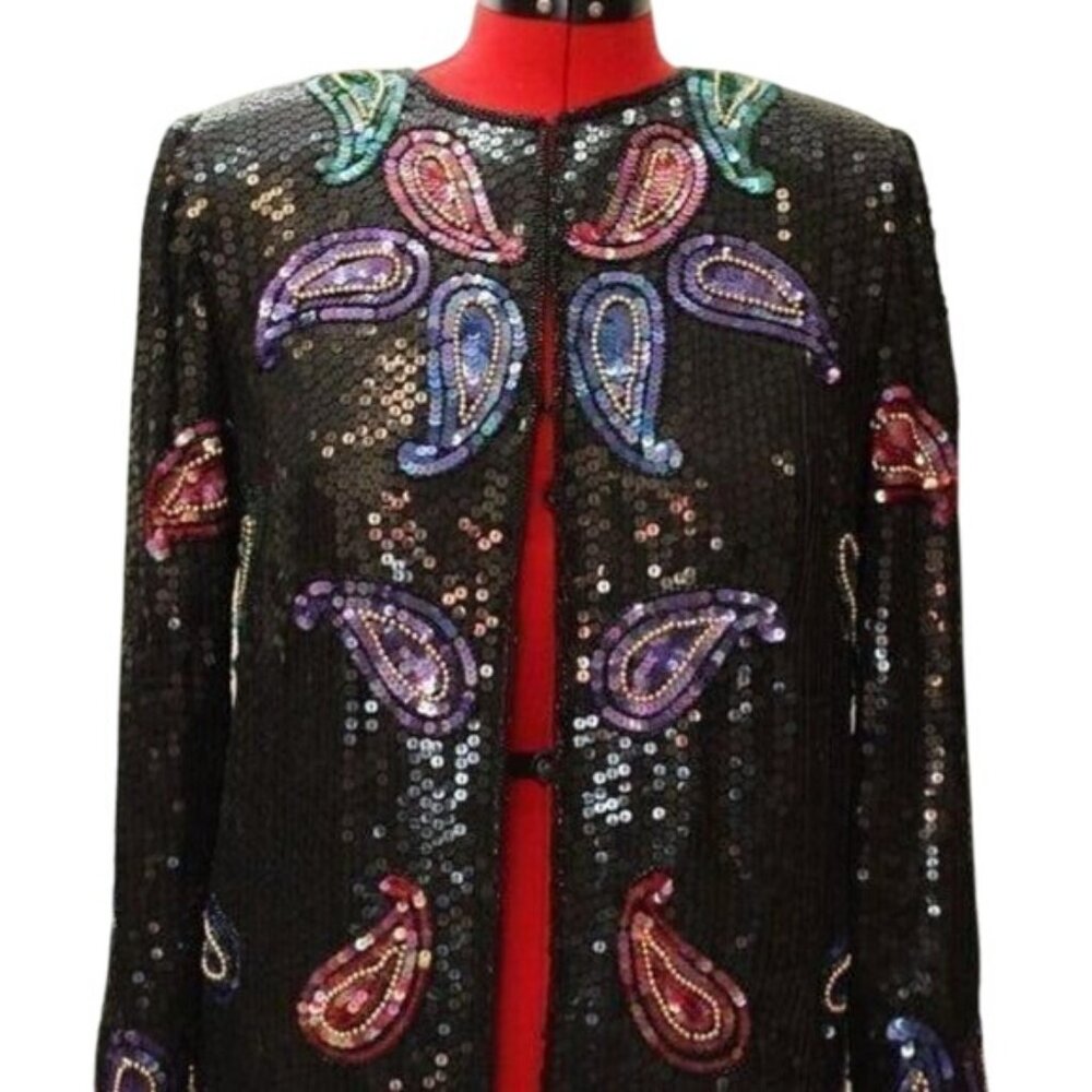 SCALA Vintage 100% Silk Italian Hand Beaded Jacket Size Medium Gorgeous!!